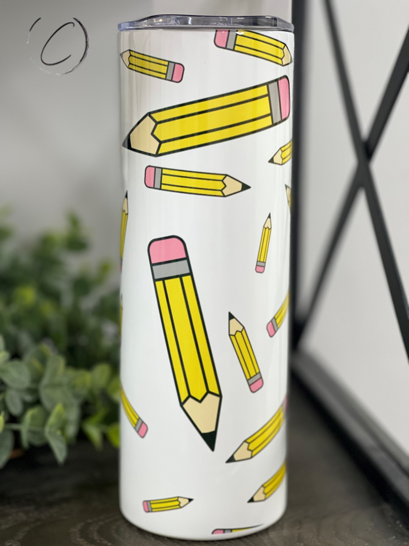 Pencils 20oz Skinny Tumbler with a vibrant full wrap design, featuring a reusable straw and a sleek, insulated body.