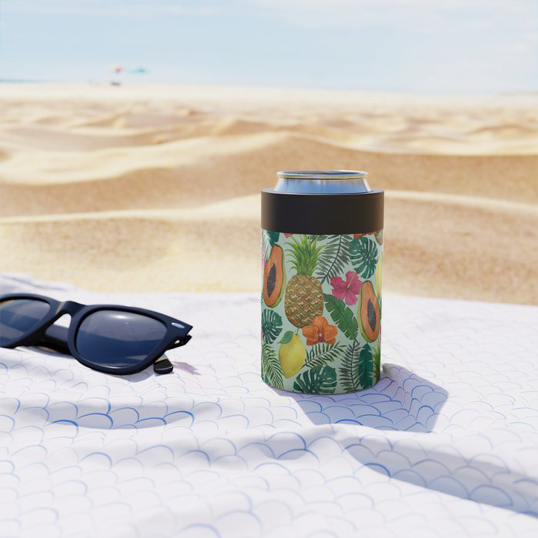 Pineapple and Papaya Can Cooler showcasing vibrant tropical design and stainless steel construction.