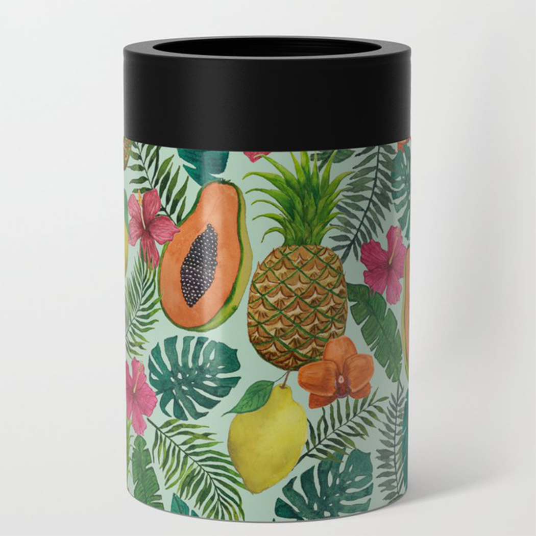 Pineapple and Papaya Can Cooler showcasing vibrant tropical design and stainless steel construction.