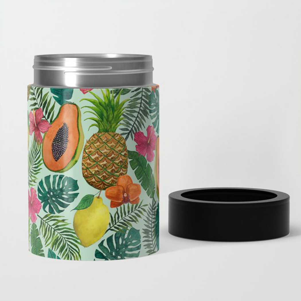 Pineapple and Papaya Can Cooler showcasing vibrant tropical design and stainless steel construction.