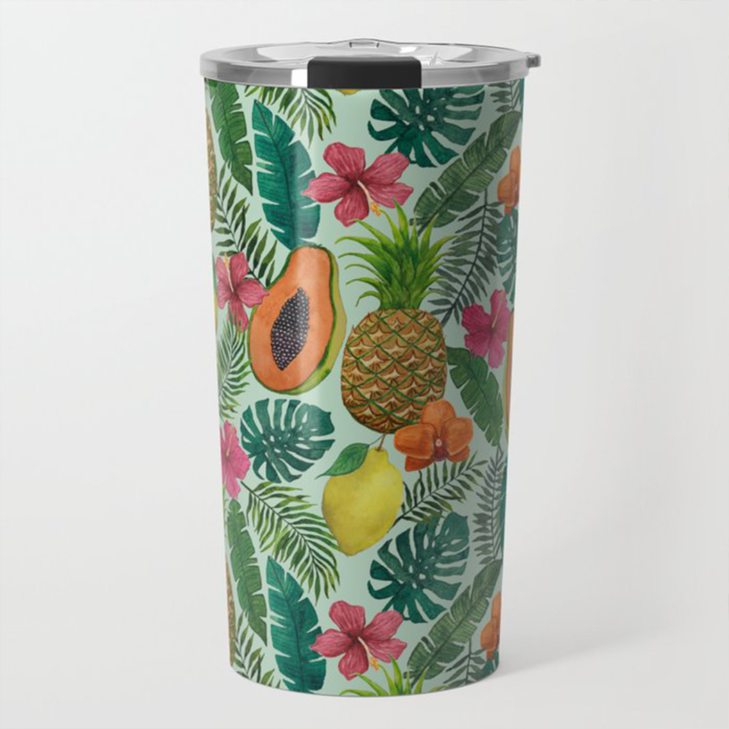 A vibrant Pineapple and Papaya Travel Mug made of stainless steel, featuring a colorful wraparound design and a vacuum-sealed lid.