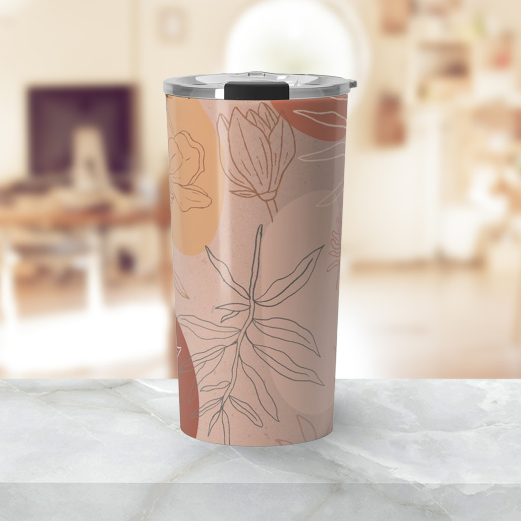 Pink Abstract Desert Travel Coffee Mug with vibrant artwork, showcasing its stainless steel design and double-walled insulation.