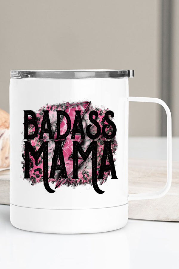 Pink Bad Badass Mama Leopard Stainless Steel Coffee Travel Cup with double wall insulation and vibrant design printed on both sides.