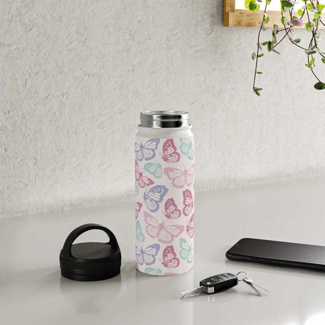 Pink Butterfly Handle Lid Water Bottle with a stylish design and durable stainless steel construction.