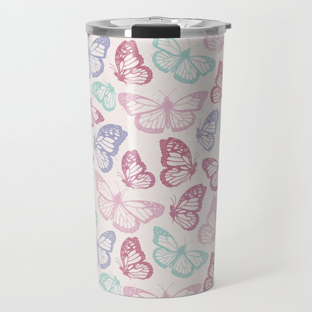 A stylish Pink Butterfly Travel Coffee Mug made of lightweight stainless steel with a vibrant butterfly design, perfect for hot or cold beverages.