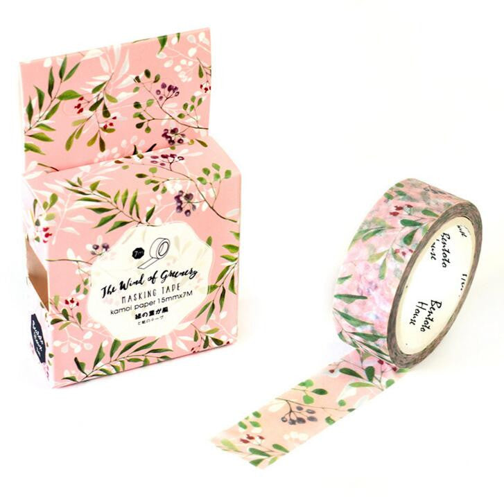 Pink Floral Washi Tape featuring greenery on a rose background, ideal for gift wrapping and crafts.