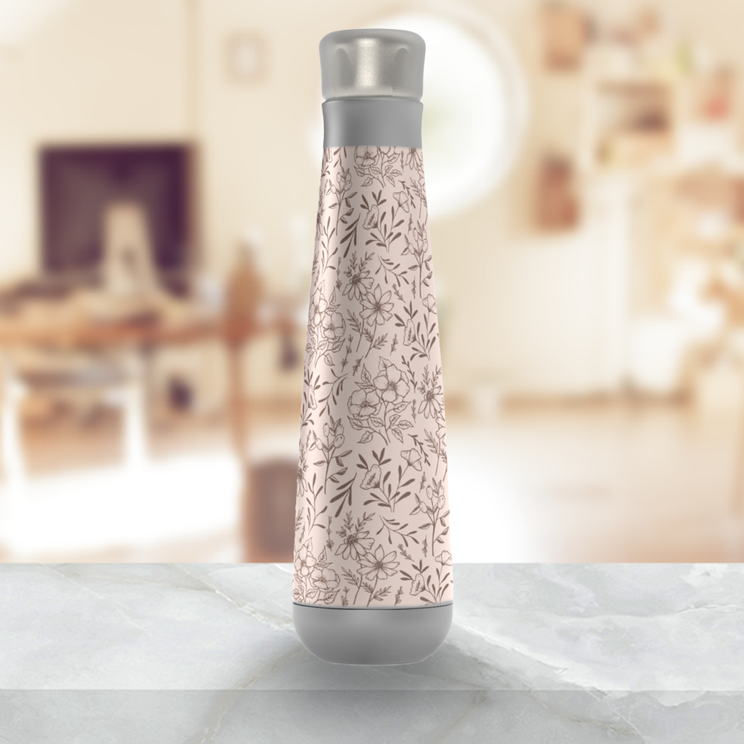 Stylish Pink Flower Peristyle Water Bottle made of stainless steel with a screw-on lid, showcasing a floral design.