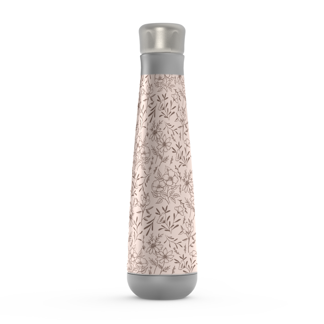 Stylish Pink Flower Peristyle Water Bottle made of stainless steel with a screw-on lid, showcasing a floral design.