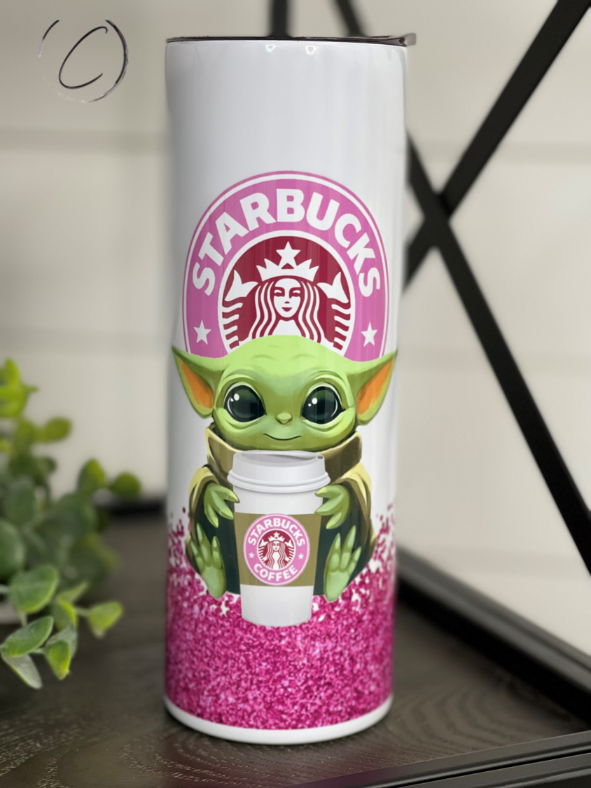 Pink Glitter Yoda Starbucks 20oz Skinny Tumbler with a full wrap design and reusable straw, perfect for stylish hydration.