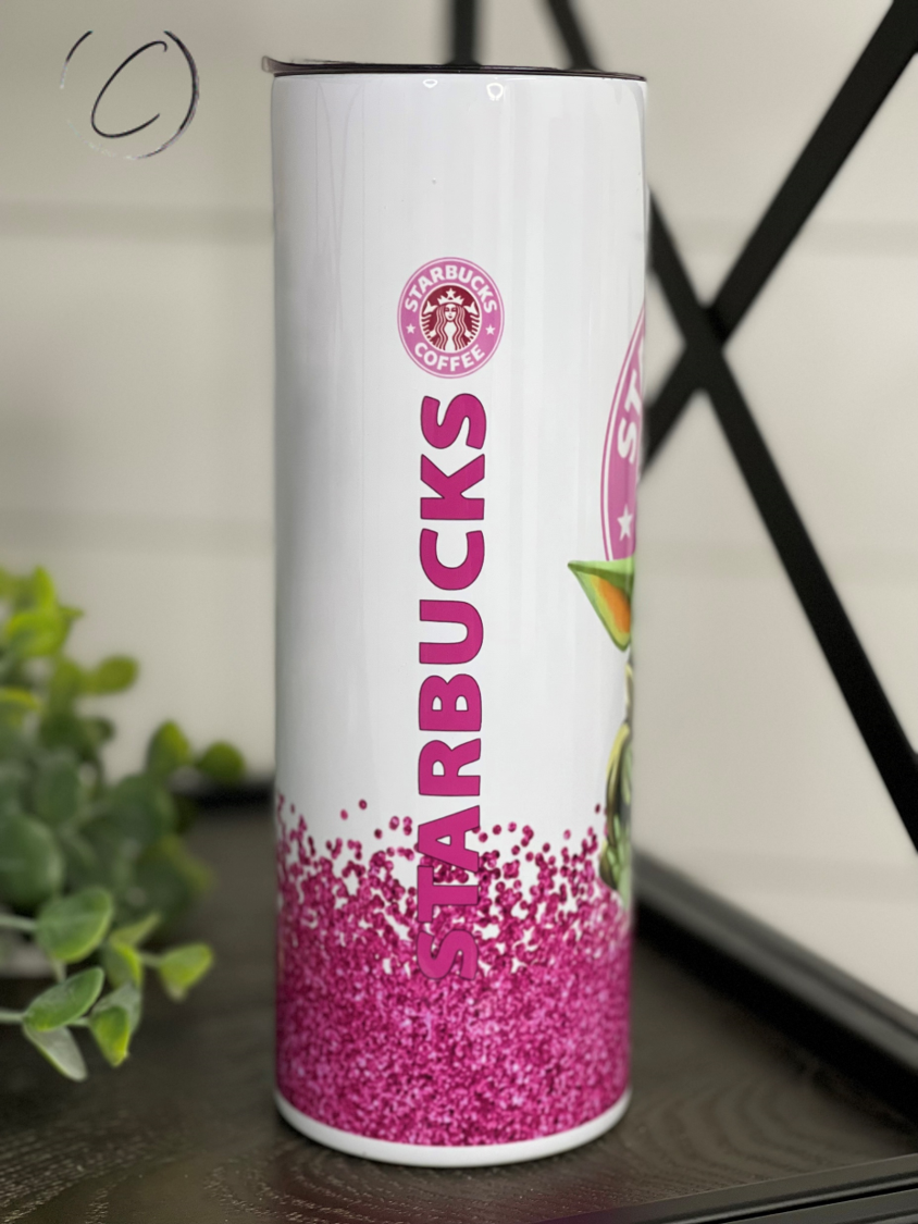 Pink Glitter Yoda Starbucks 20oz Skinny Tumbler with a full wrap design and reusable straw, perfect for stylish hydration.