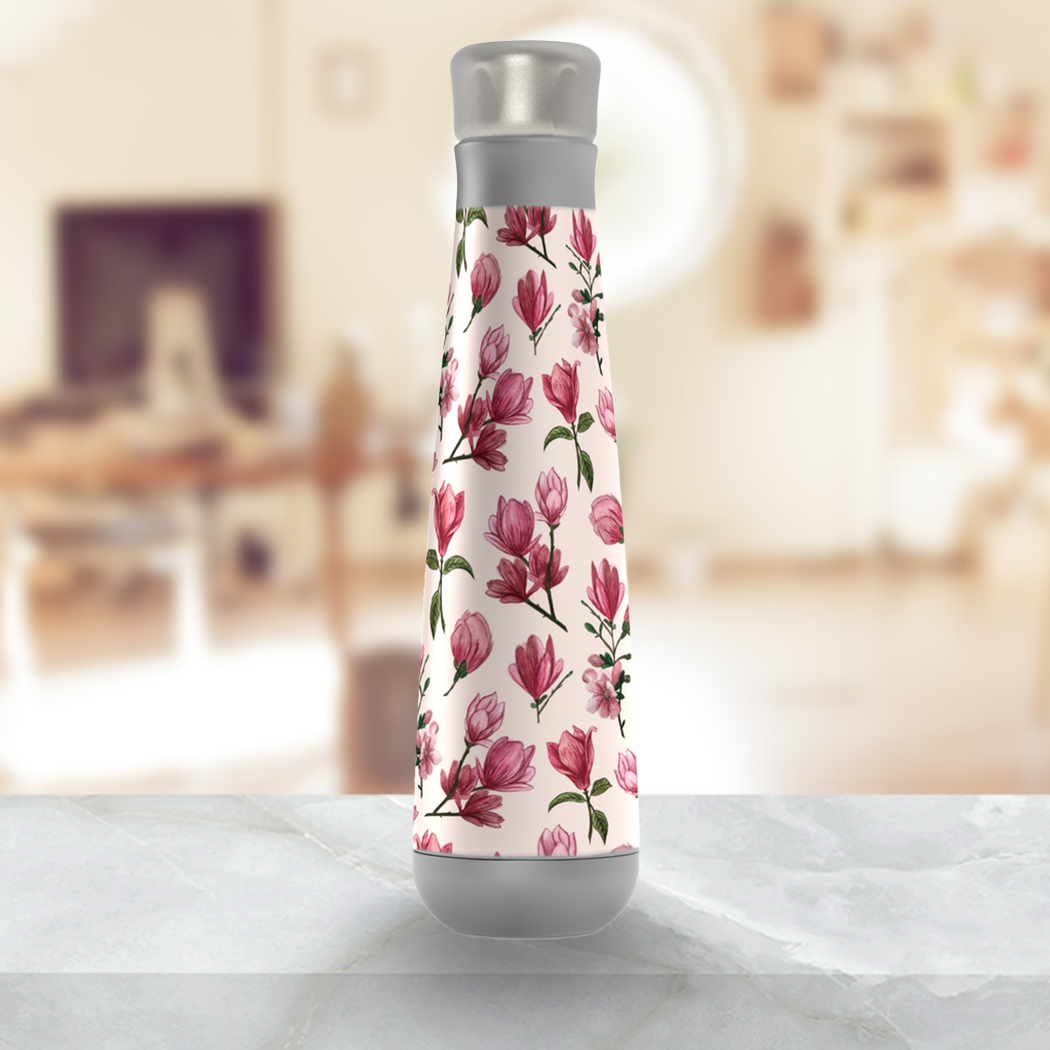 Pink Magnolia Blossom Peristyle Water Bottle with stainless steel finish and floral design, perfect for hydration on-the-go.