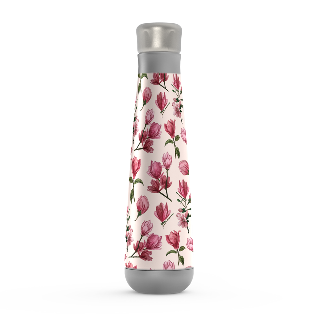 Pink Magnolia Blossom Peristyle Water Bottle with stainless steel finish and floral design, perfect for hydration on-the-go.