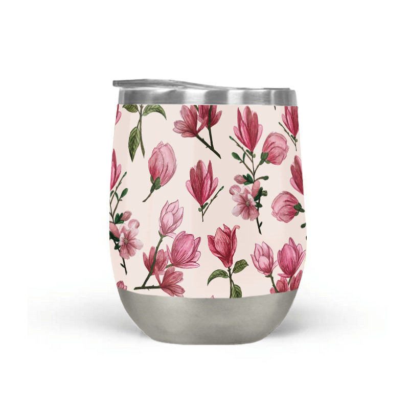 Pink Magnolia Blossom Stemless Wine Tumbler with double-wall insulation and a plastic lid, perfect for outdoor use.