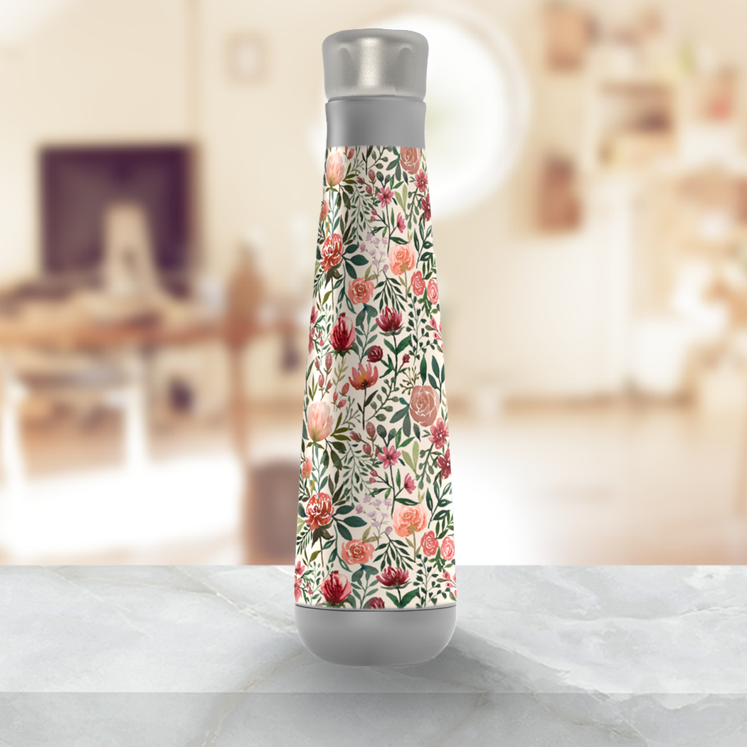 Pink Spring Flowers Peristyle Water Bottle with stainless steel design and floral pattern.