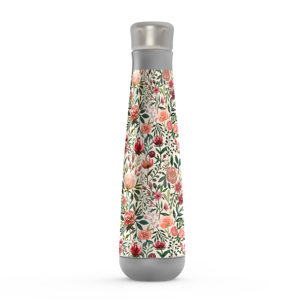 Pink Spring Flowers Peristyle Water Bottle with stainless steel design and floral pattern.