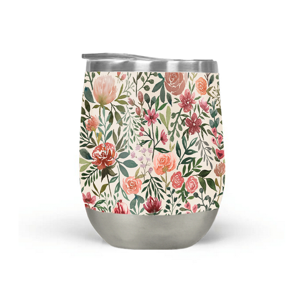 Pink Spring Flowers Stemless Wine Tumbler with floral design, perfect for outdoor use.