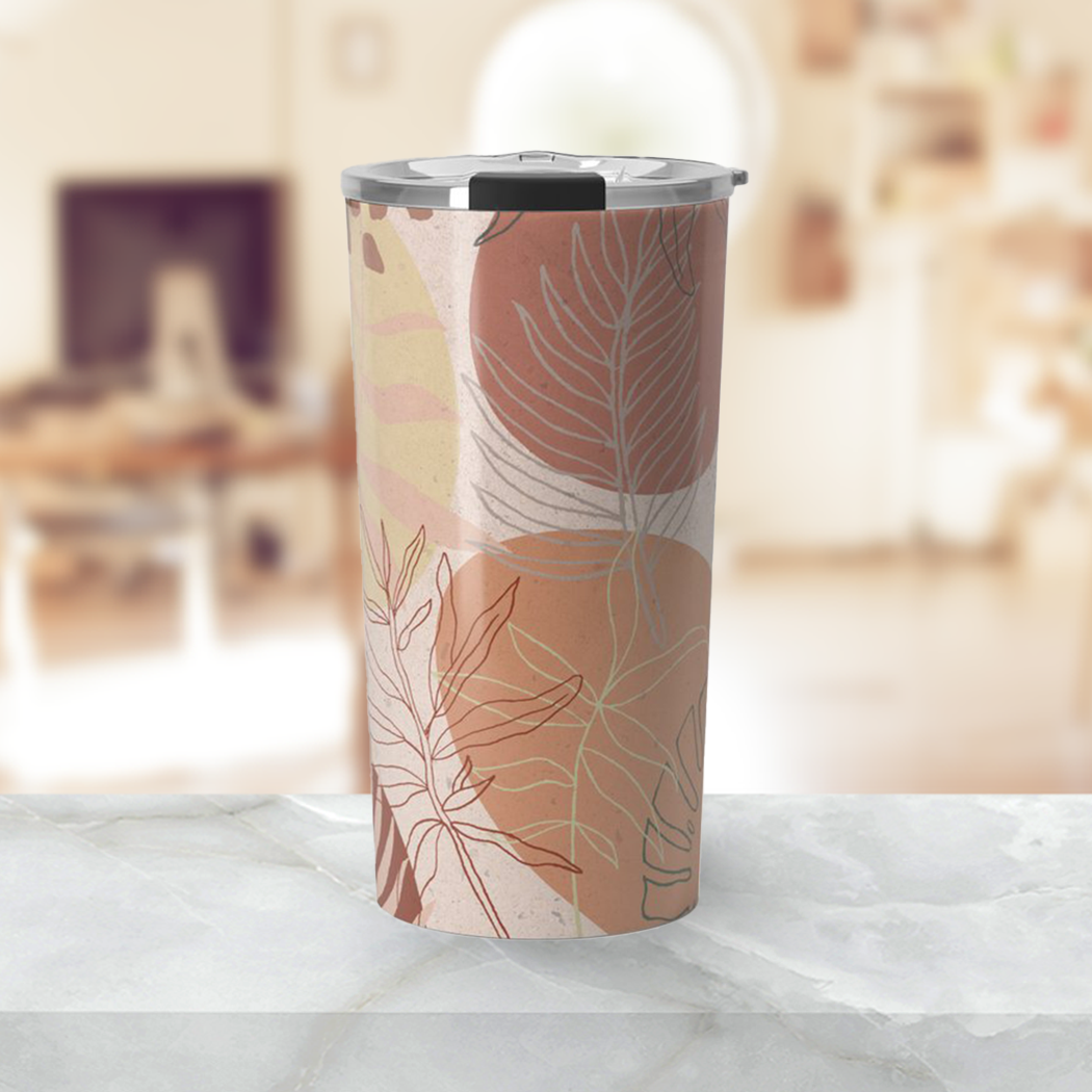 A stylish Pink Terracotta Travel Coffee Mug made of stainless steel with double-wall insulation, featuring vibrant wraparound artwork.