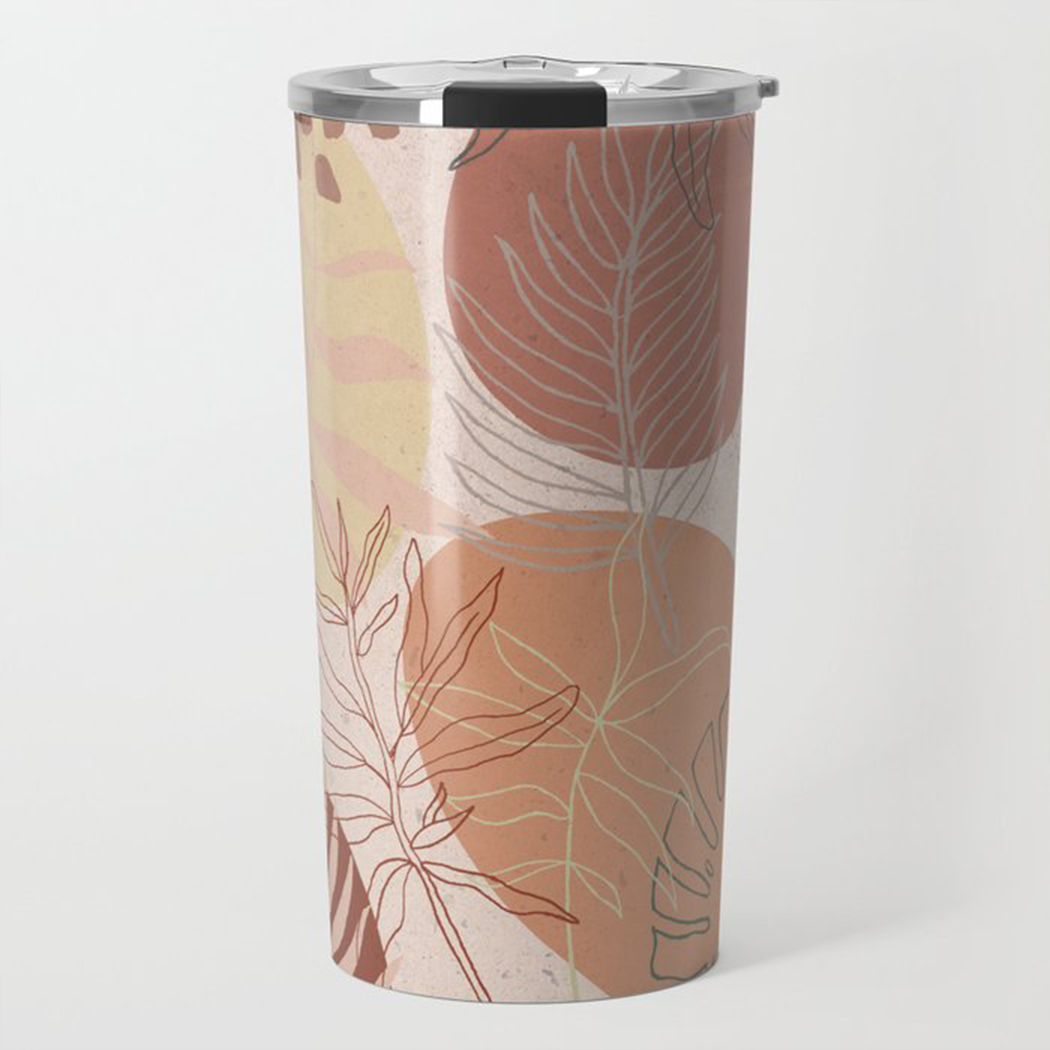 A stylish Pink Terracotta Travel Coffee Mug made of stainless steel with double-wall insulation, featuring vibrant wraparound artwork.