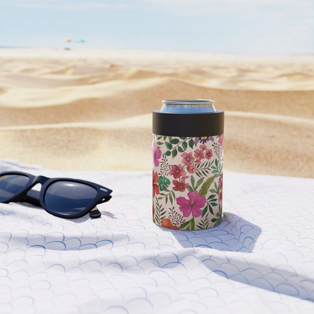 Pink Tropical Flower Can Cooler with vibrant floral design, made of stainless steel, perfect for keeping drinks cold.