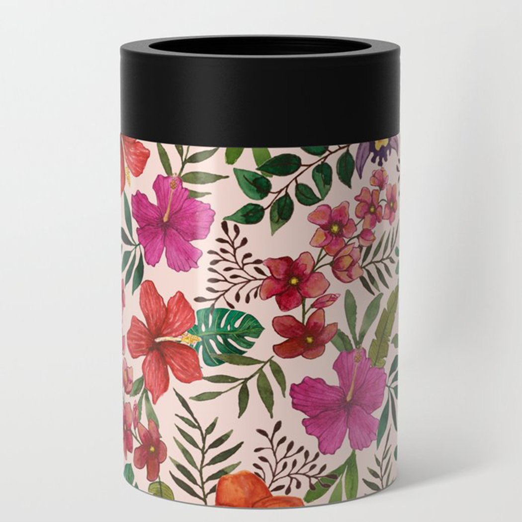 Pink Tropical Flower Can Cooler with vibrant floral design, made of stainless steel, perfect for keeping drinks cold.