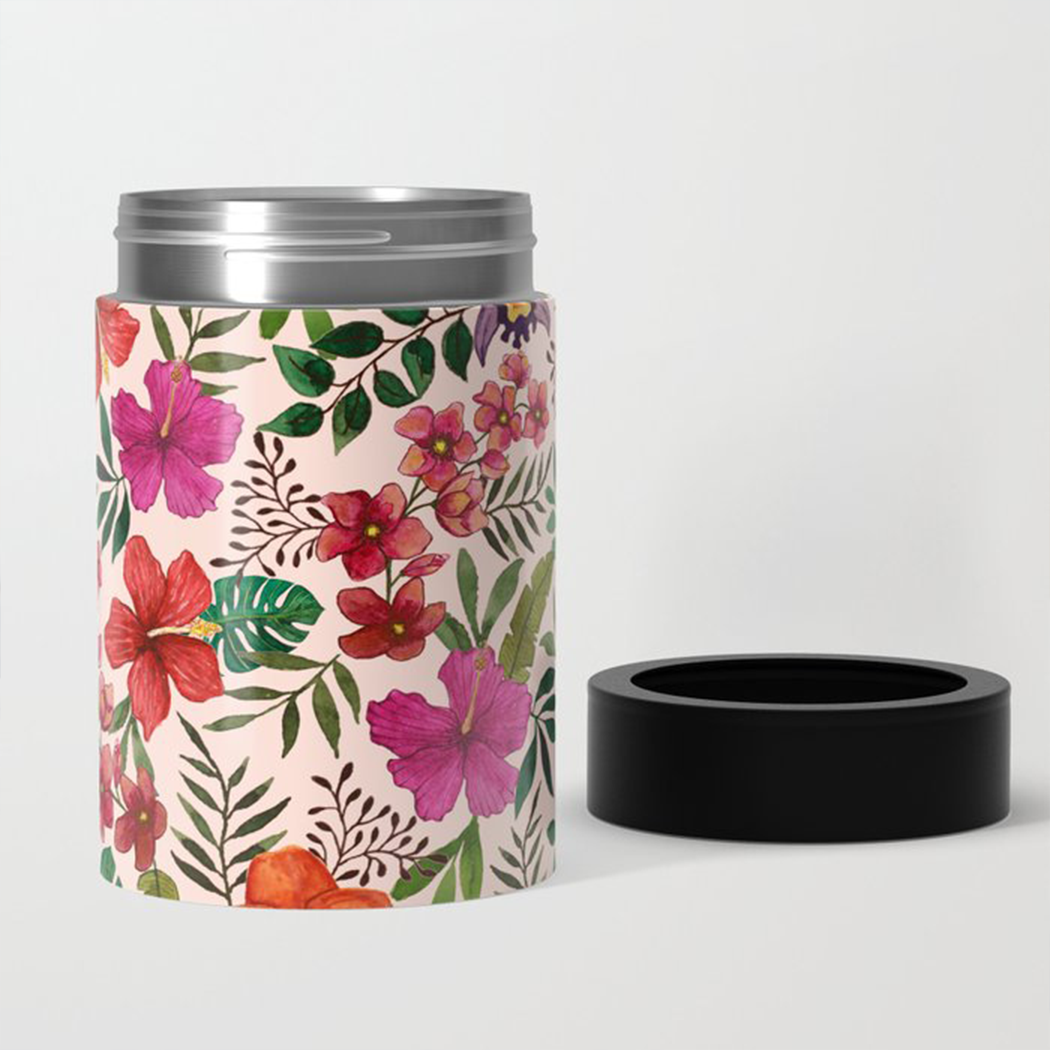 Pink Tropical Flower Can Cooler with vibrant floral design, made of stainless steel, perfect for keeping drinks cold.