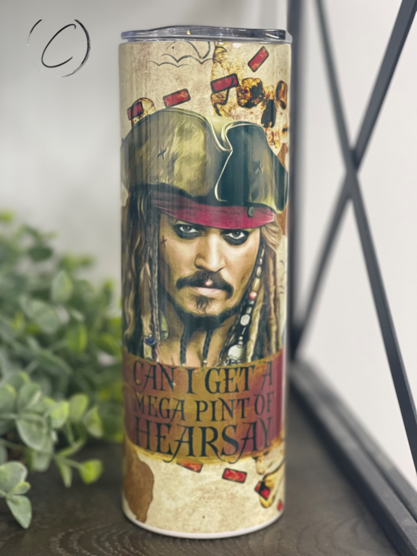 Pirate Map Of Hearsay 20oz Skinny Tumbler featuring a detailed pirate map design, reusable straw included.