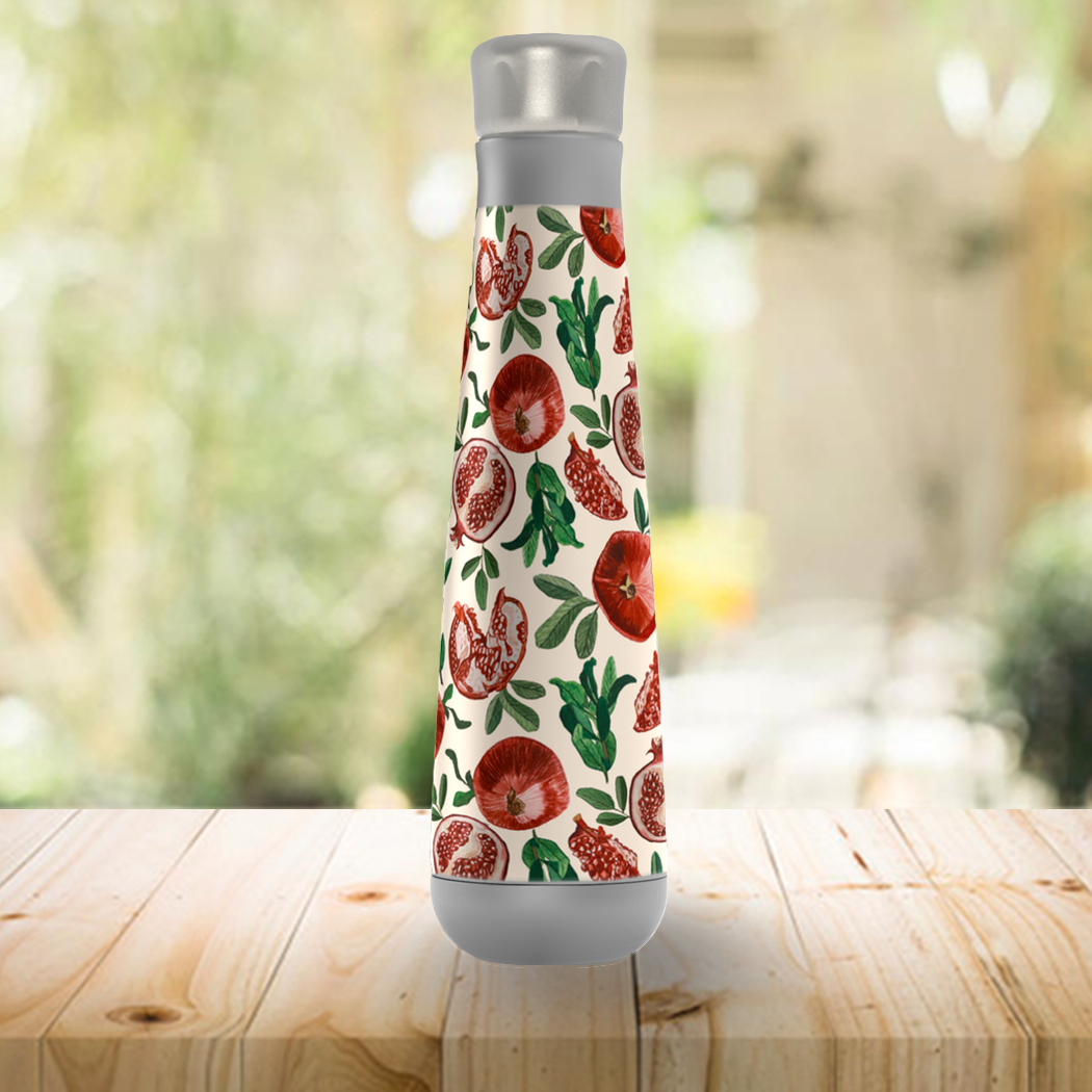 Pomegranate Peristyle Water Bottle in stainless steel, showcasing its sleek design and vacuum insulation features.