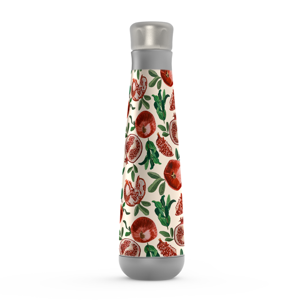 Pomegranate Peristyle Water Bottle in stainless steel, showcasing its sleek design and vacuum insulation features.