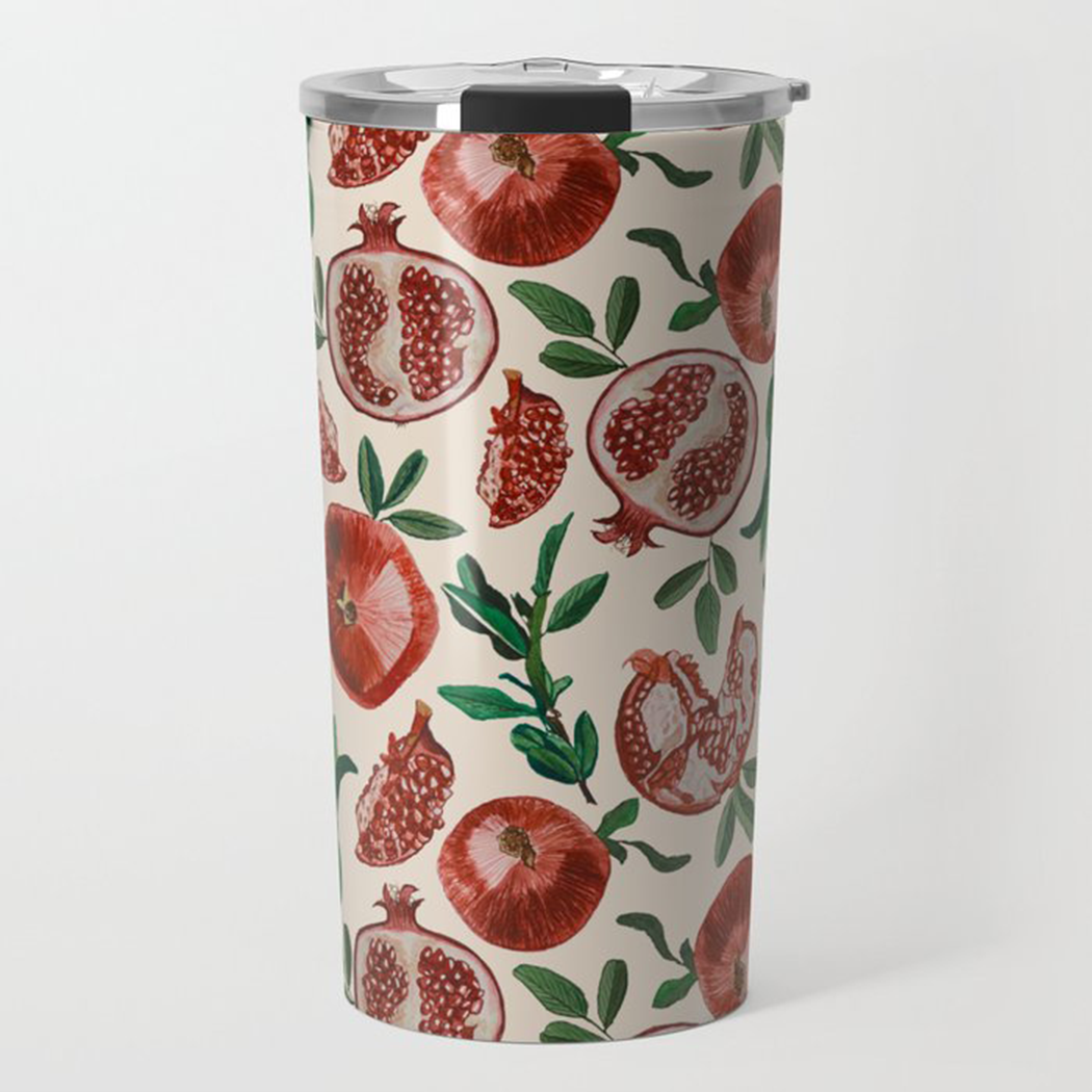 A stylish 20oz Pomegranate Travel Mug made of stainless steel with vibrant wraparound artwork, perfect for hot and cold beverages.