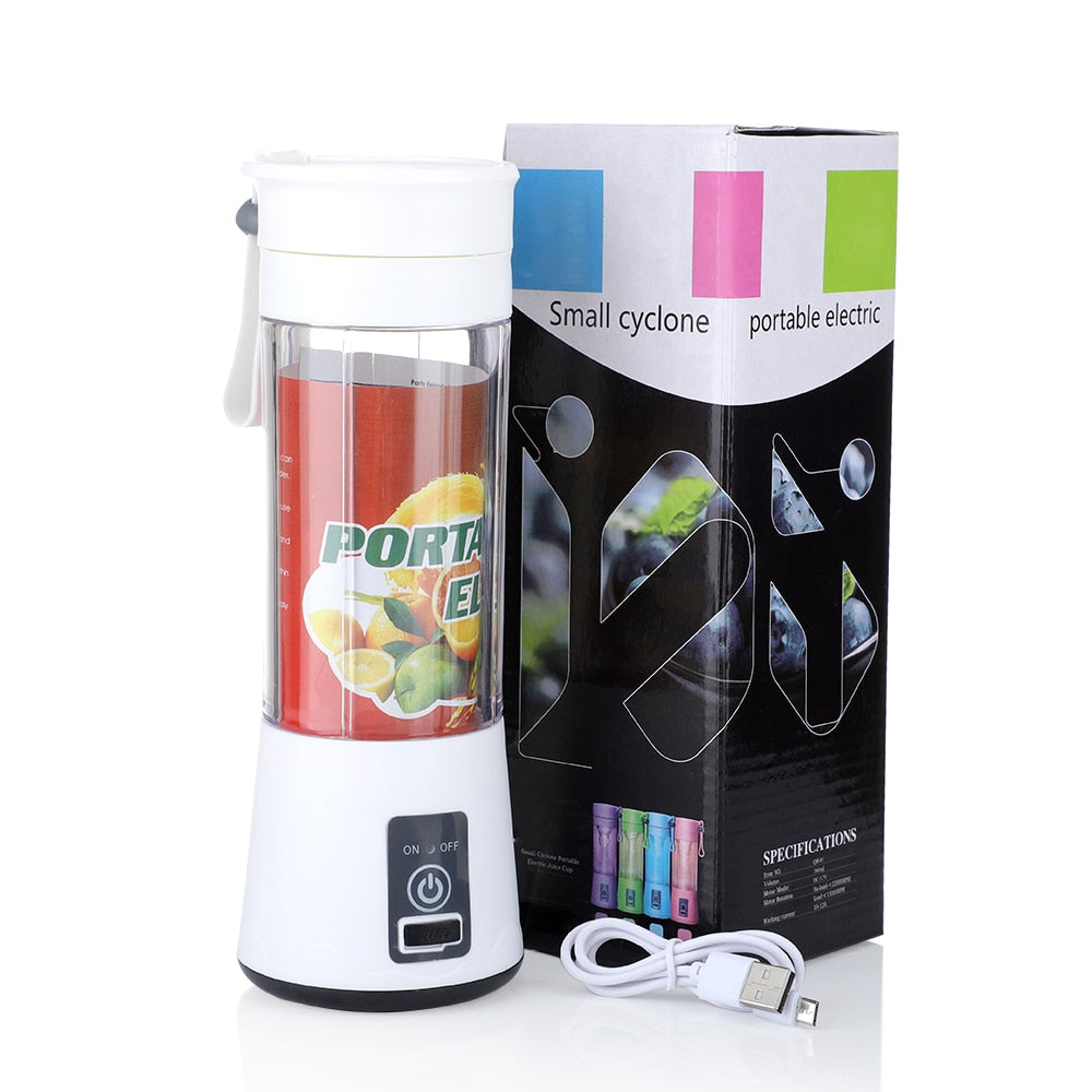 Portable USB Electric Fruit Juicer with stainless steel blades and food-grade ABS material, perfect for making smoothies and juices on the go.