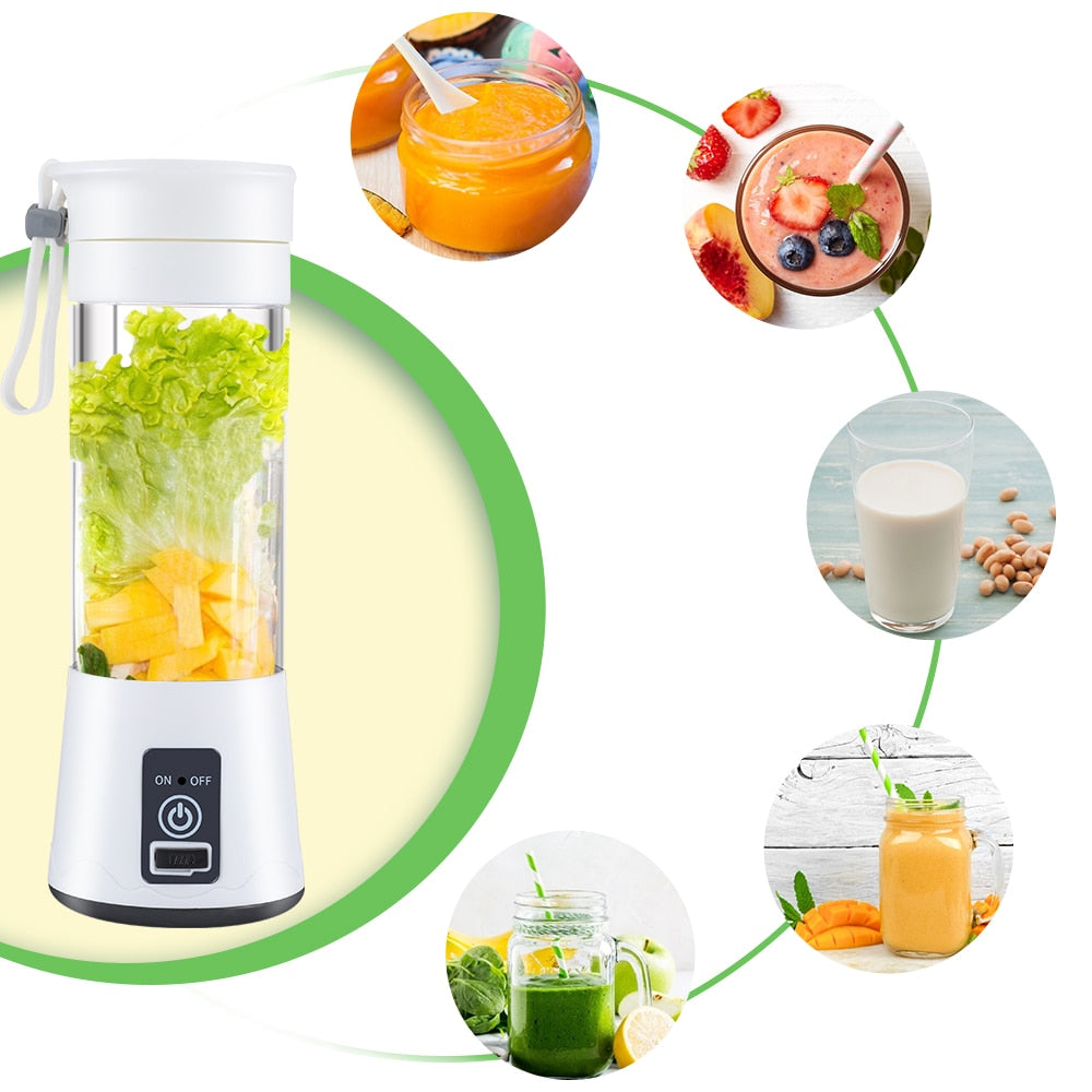 Portable USB Electric Fruit Juicer with stainless steel blades and food-grade ABS material, perfect for making smoothies and juices on the go.