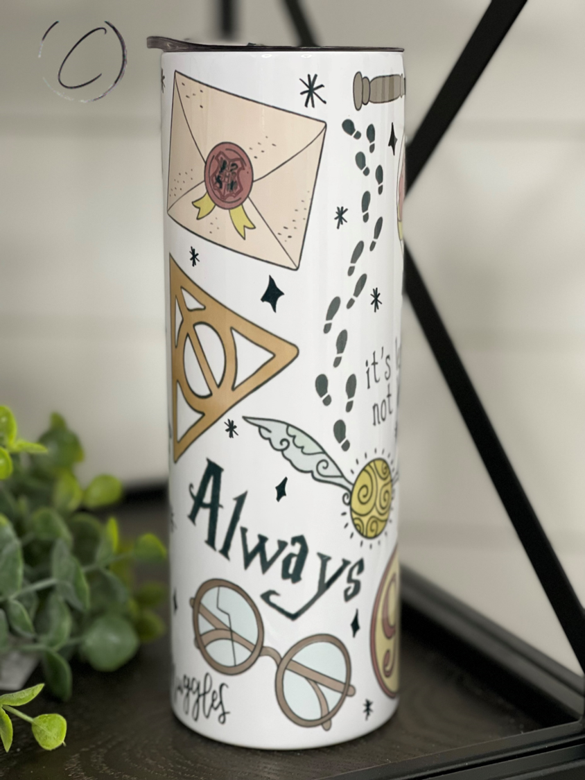 Potter Vibes 20oz Skinny Tumbler with watercolor design and reusable straw.