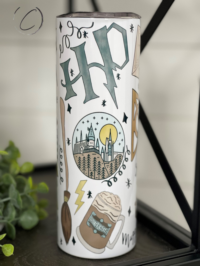 Potter Vibes 20oz Skinny Tumbler with watercolor design and reusable straw.