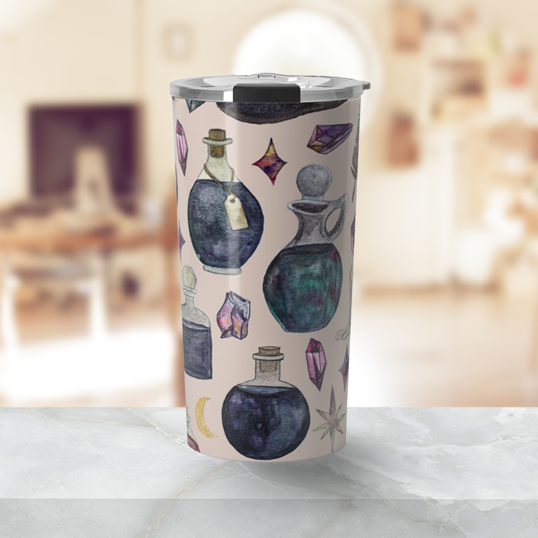 A stylish Potions Pattern Travel Mug made of stainless steel, featuring whimsical potions artwork and a vacuum-sealed lid.