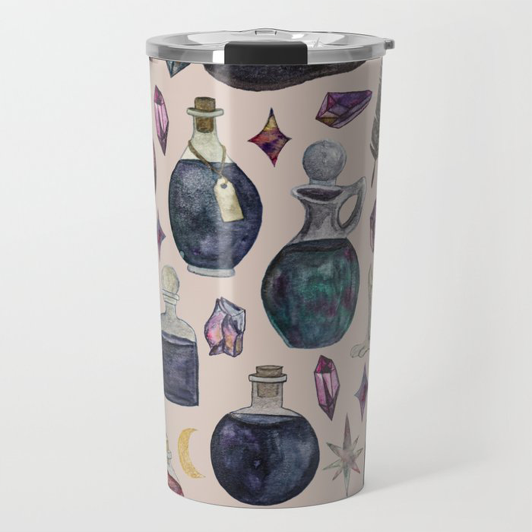 A stylish Potions Pattern Travel Mug made of stainless steel, featuring whimsical potions artwork and a vacuum-sealed lid.