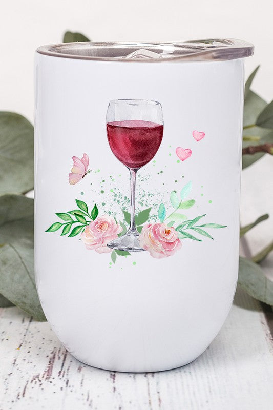 Pretty Wine Glass Butterfly Hearts Wine Tumbler with a vibrant design, featuring a lid and straw, perfect for enjoying beverages.