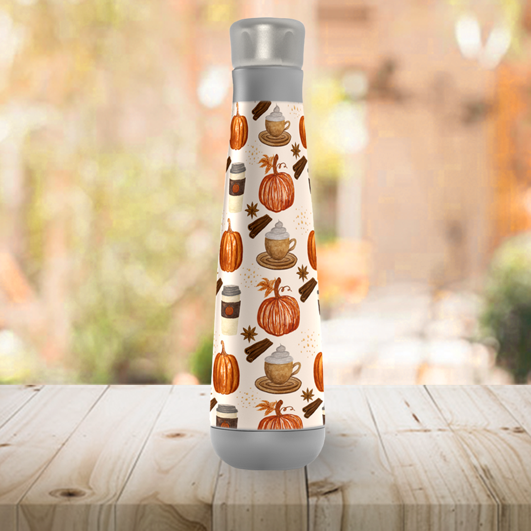 Pumpkin Spice Coffee Peristyle Water Bottle in vibrant orange color, showcasing its stainless steel design and screw-on lid.