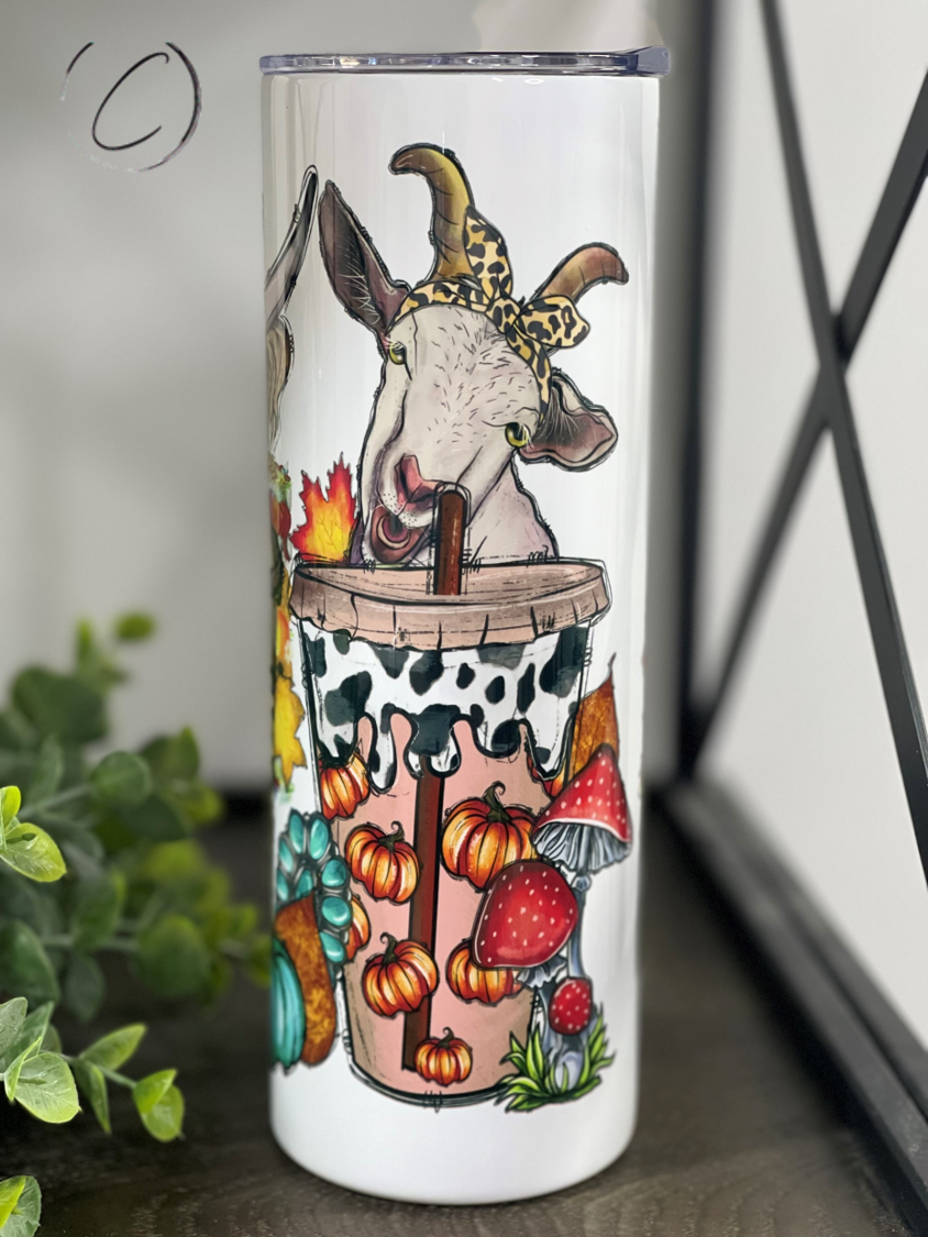 Pumpkin Spice Farm Animals 20oz Skinny Tumbler featuring cute farm animal designs in warm autumn colors.