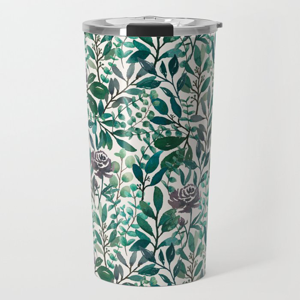 A stylish travel mug featuring purple flowers and eucalyptus leaves design, made of stainless steel with a double-wall for insulation.