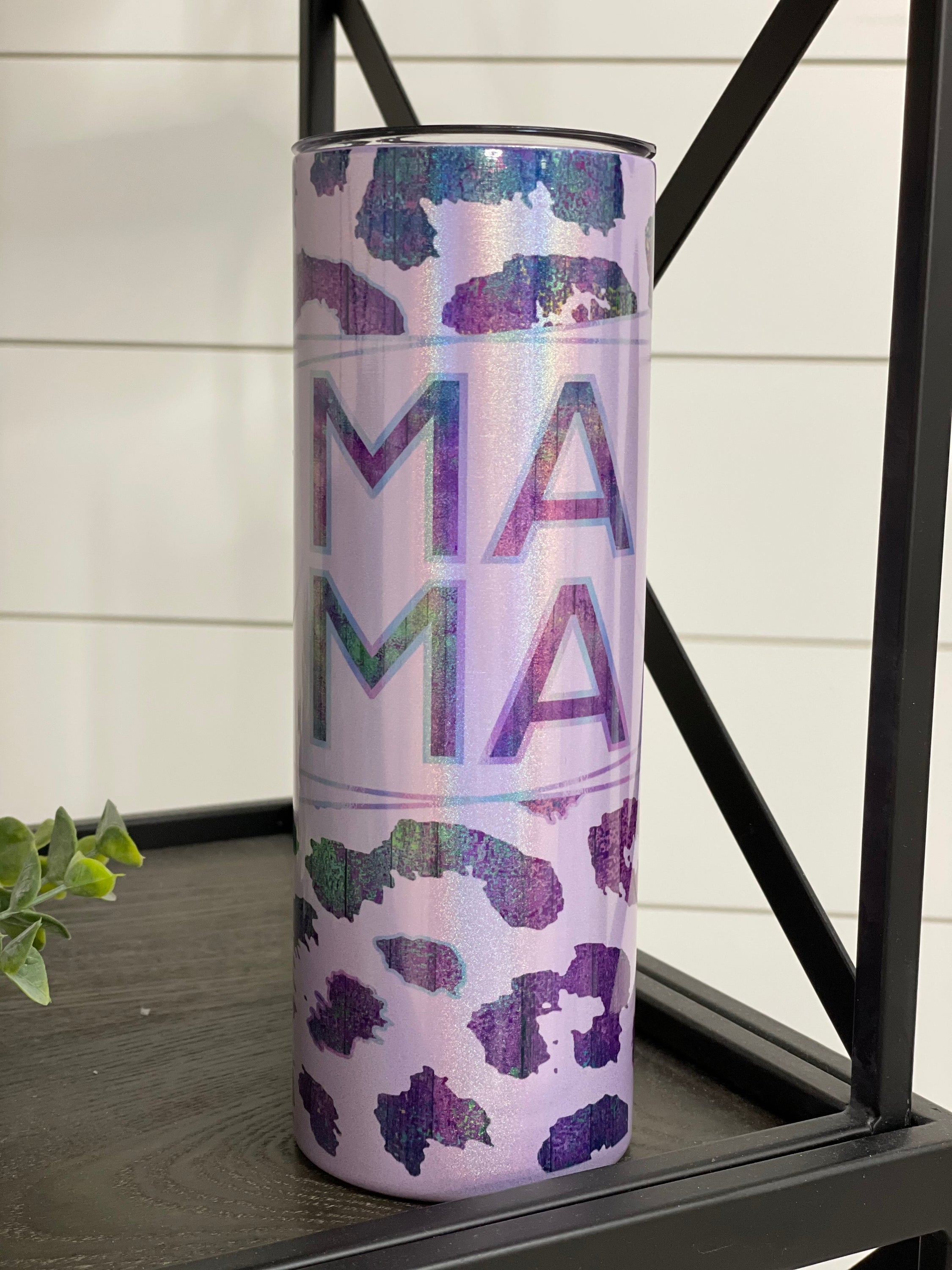 Purple Leopard Mama 20oz Shimmer Skinny Tumbler featuring a vibrant shimmer effect and leopard print design.