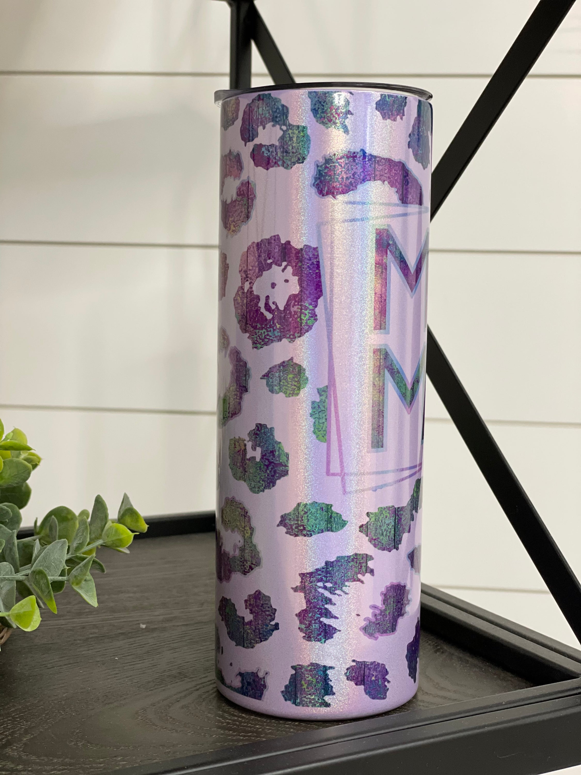 Purple Leopard Mama 20oz Shimmer Skinny Tumbler featuring a vibrant shimmer effect and leopard print design.