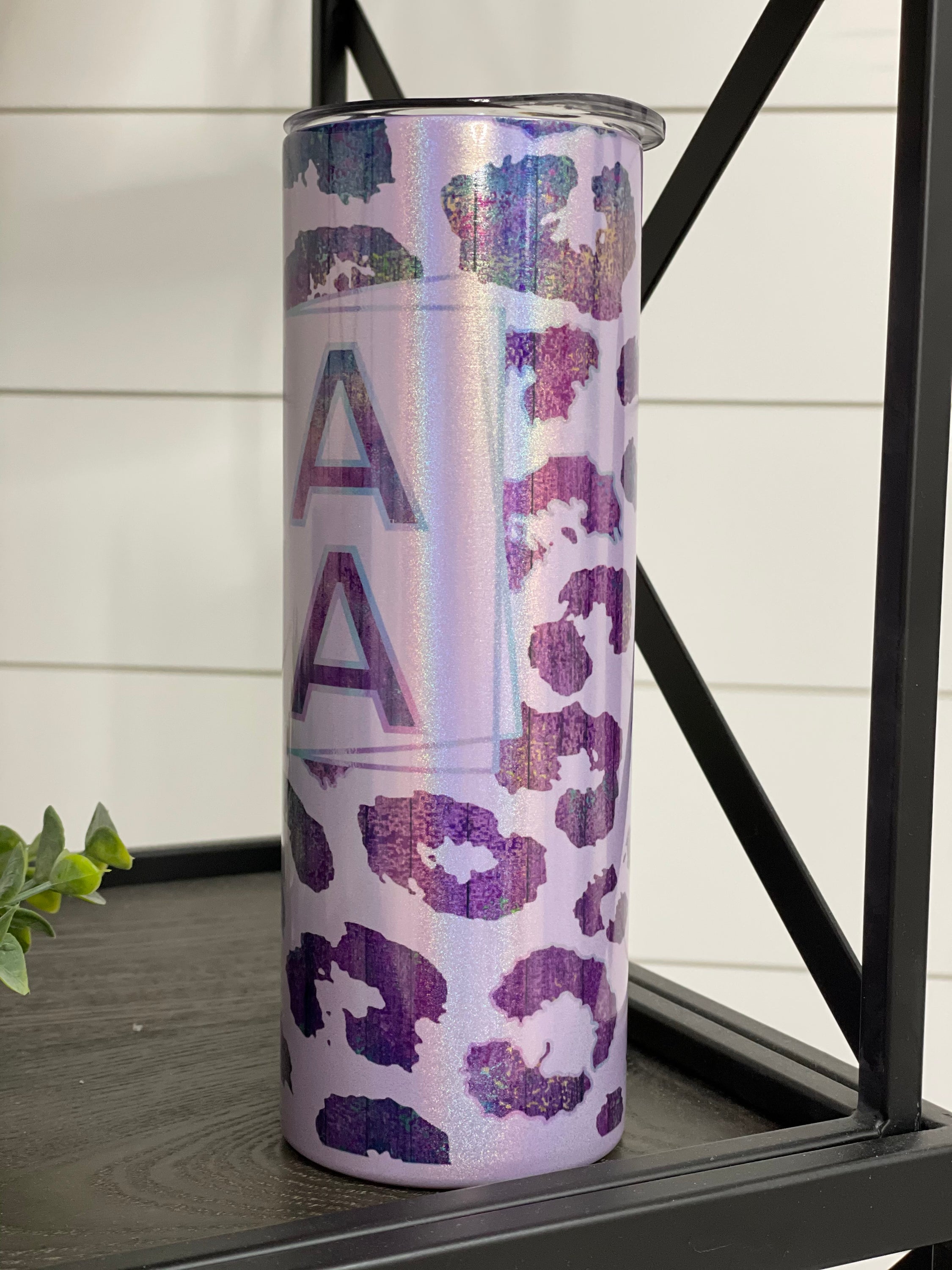 Purple Leopard Mama 20oz Shimmer Skinny Tumbler featuring a vibrant shimmer effect and leopard print design.