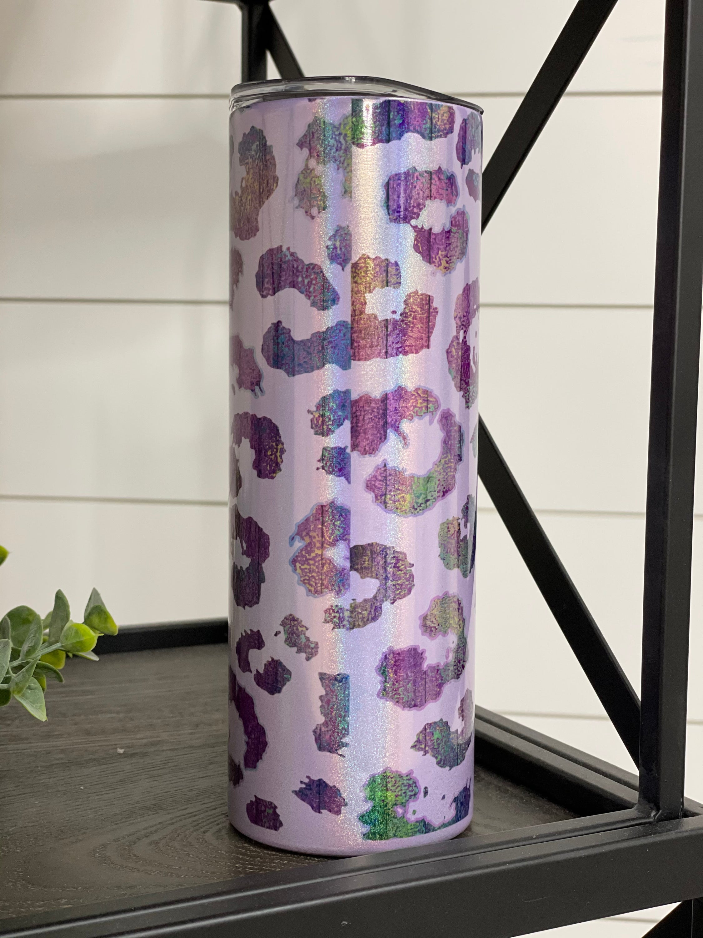 Purple Leopard Mama 20oz Shimmer Skinny Tumbler featuring a vibrant shimmer effect and leopard print design.