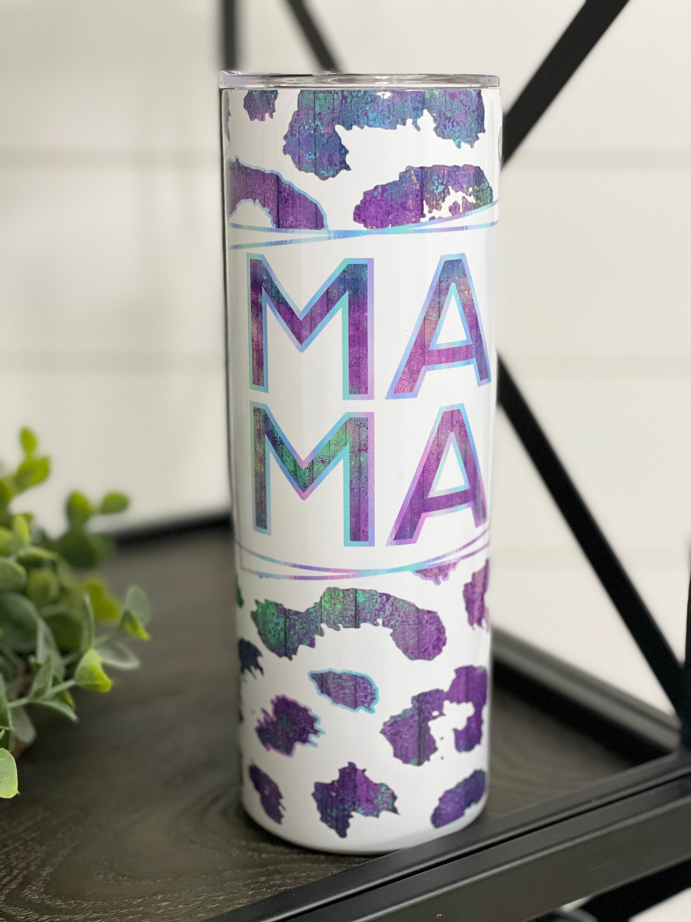 Purple Leopard Mama 20oz Skinny Tumbler with vibrant leopard print design and reusable straw.