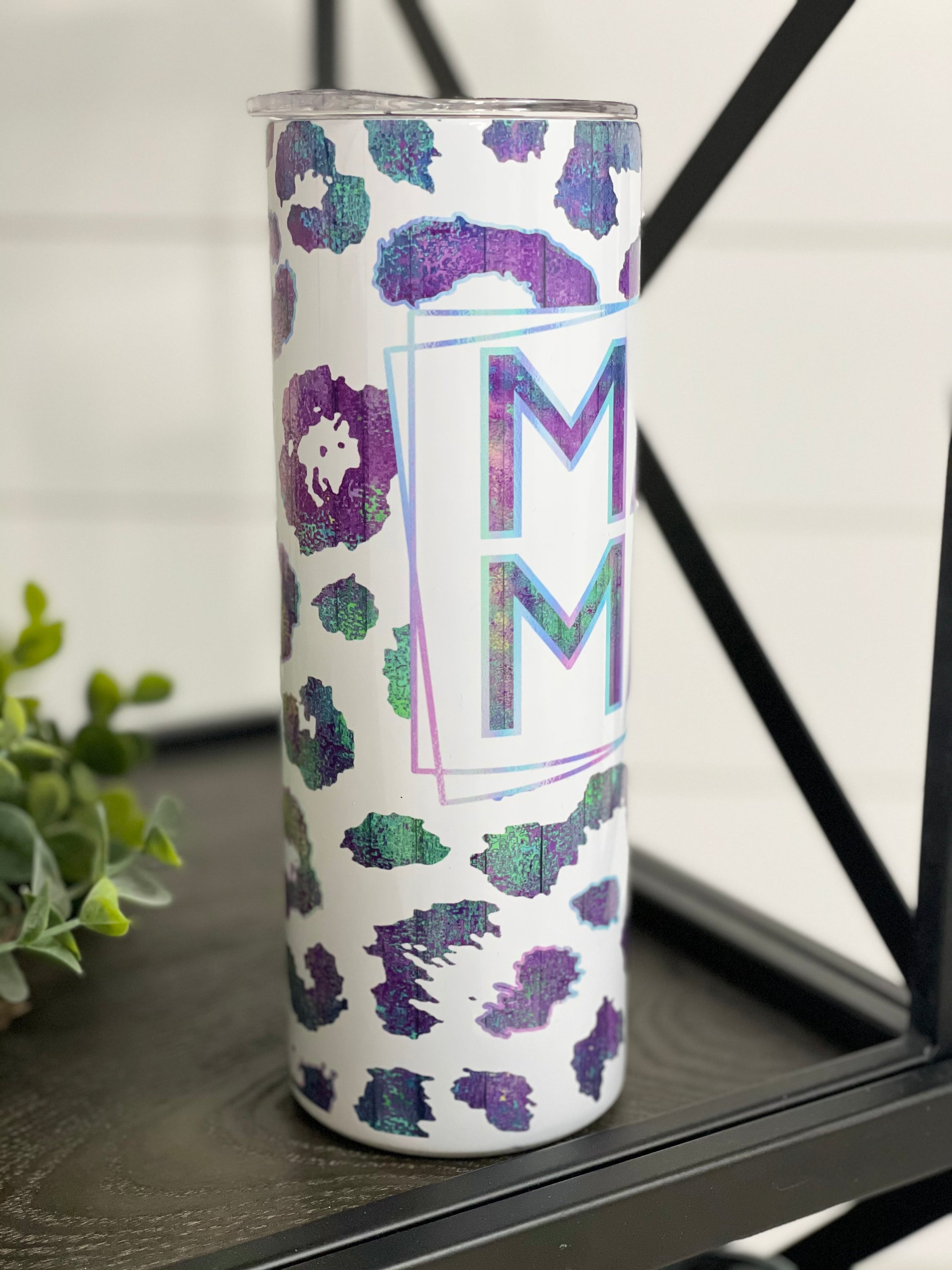 Purple Leopard Mama 20oz Skinny Tumbler with vibrant leopard print design and reusable straw.