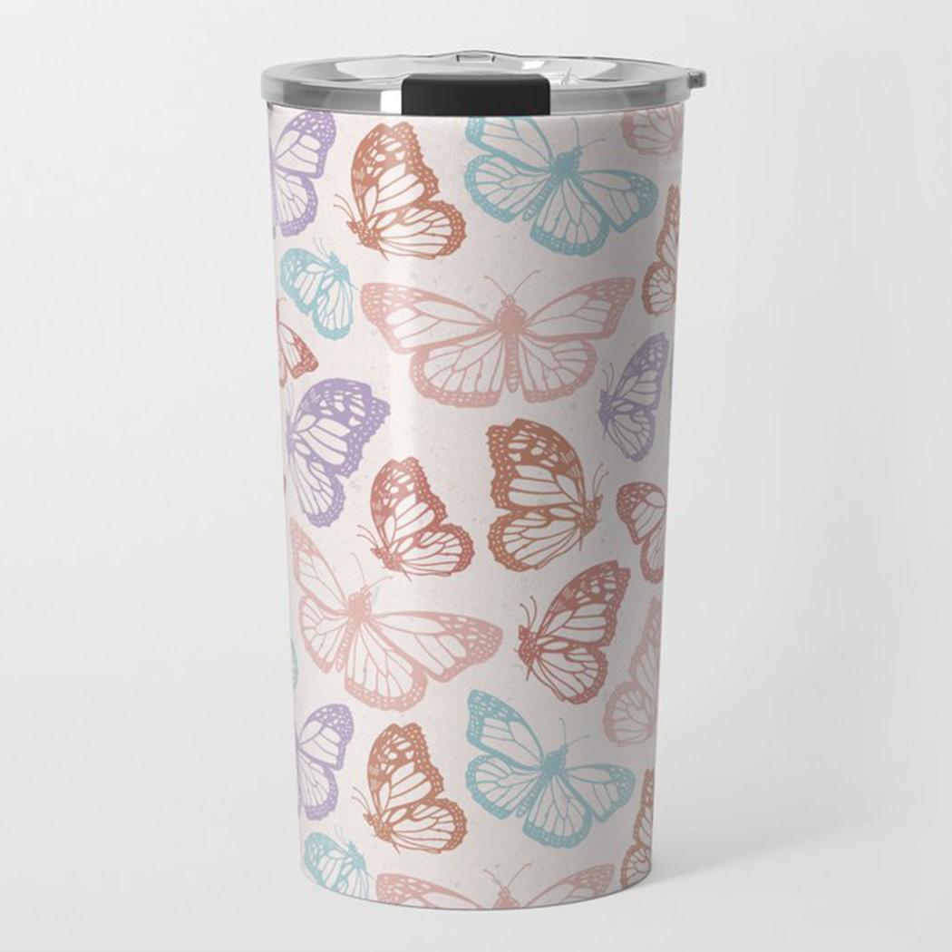 Rainbow Butterfly Travel Coffee Mug featuring vibrant butterfly artwork on a stainless steel body, designed for durability and temperature retention.