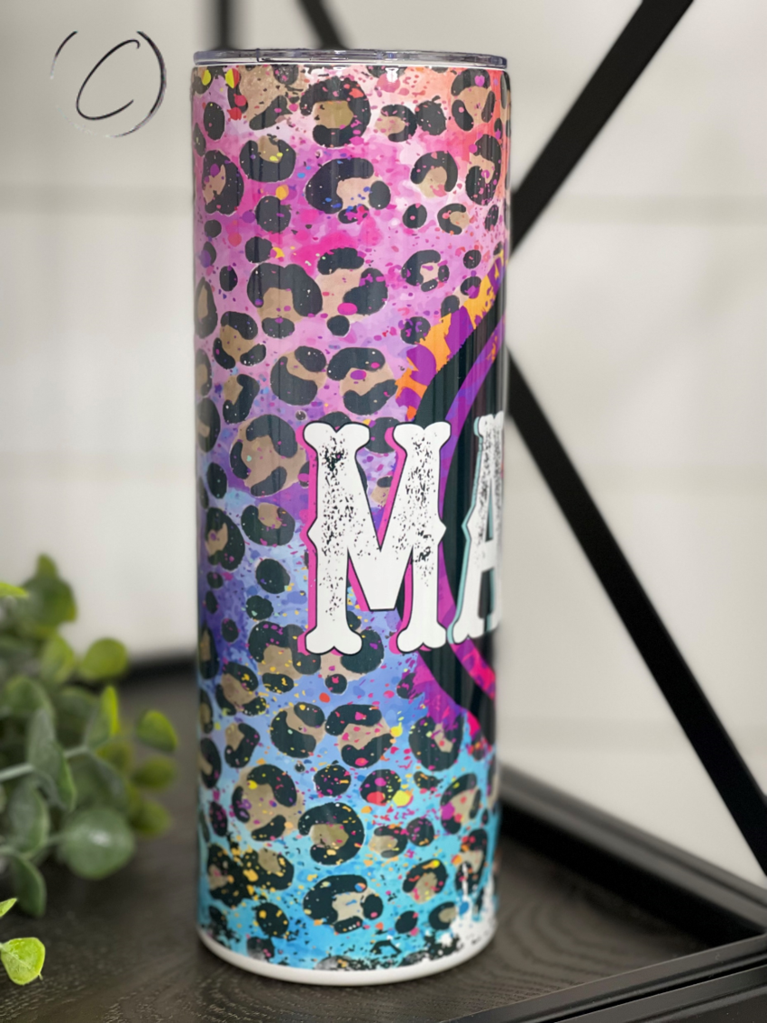 Rainbow Cheetah Mama Rocks 20oz Skinny Tumbler with vibrant cheetah print design, includes reusable straw.