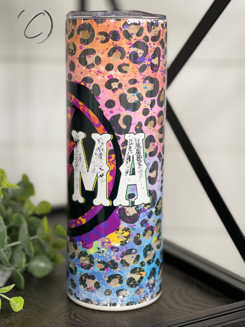 Rainbow Cheetah Mama Rocks 20oz Skinny Tumbler with vibrant cheetah print design, includes reusable straw.