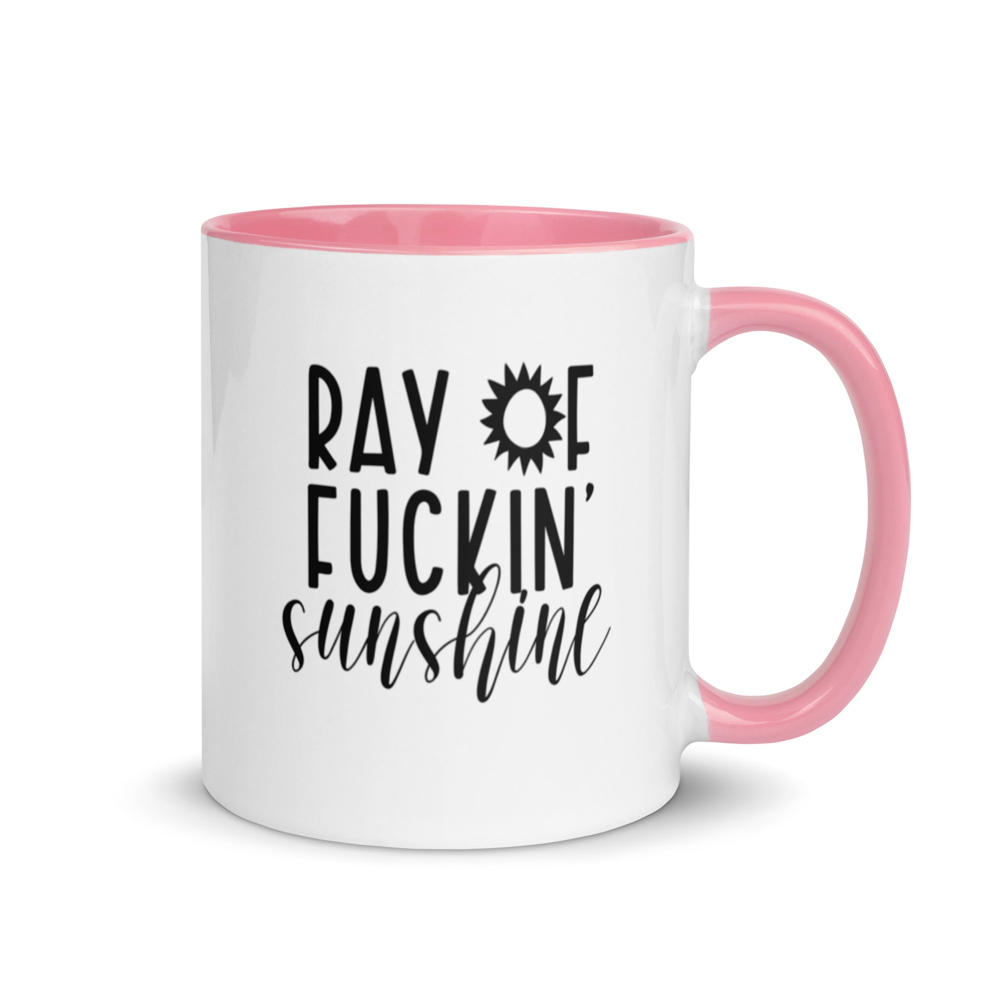 Colorful Ray of Fucking Sunshine Funny Mug with vibrant design and colorful rim, handle, and interior.