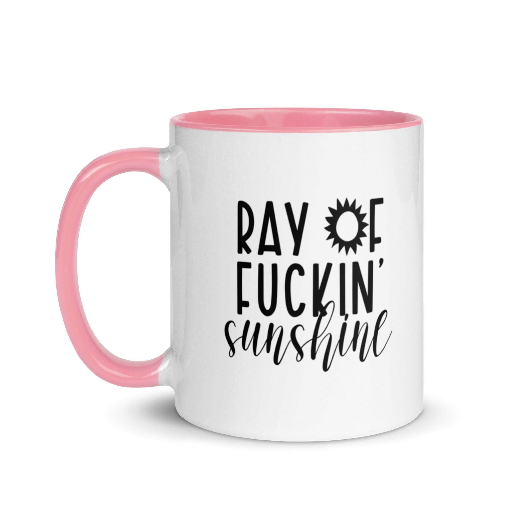 Colorful Ray of Fucking Sunshine Funny Mug with vibrant design and colorful rim, handle, and interior.